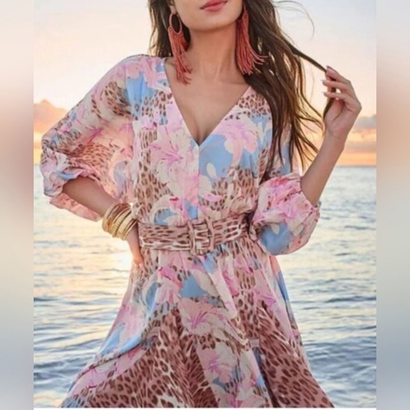 Venus Pink And Blue Floral Leopard Print Long Sleeve Belted Dress - Picture 2 of 10